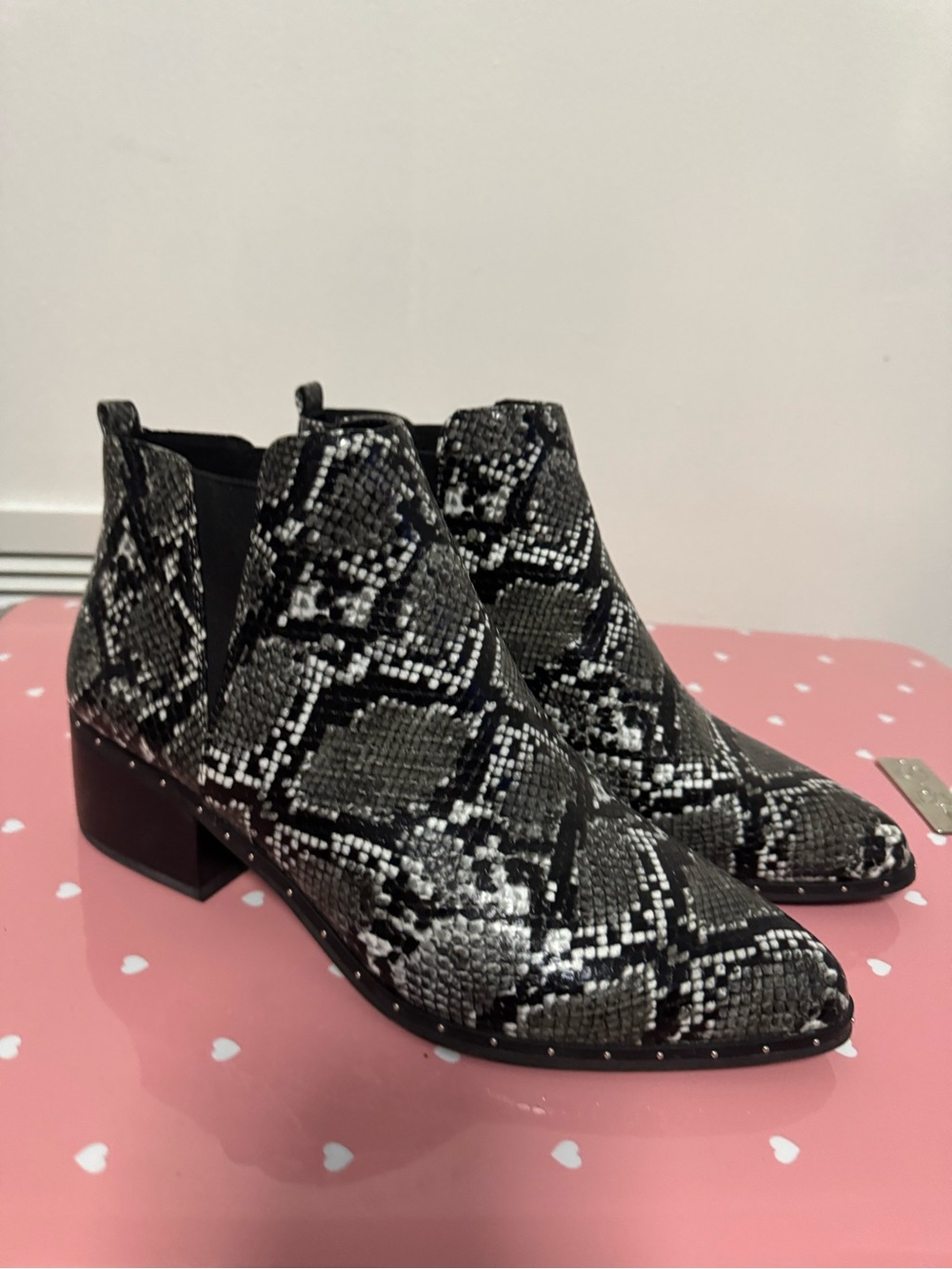 Womens Black & Gray Snake Print Ankle Boots